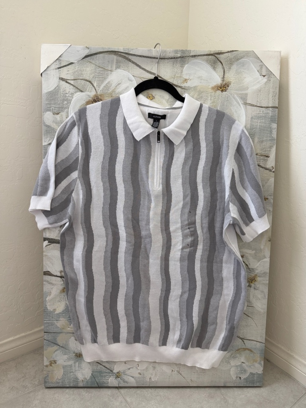 Alfani Men's Gray & White Striped Zip Polo